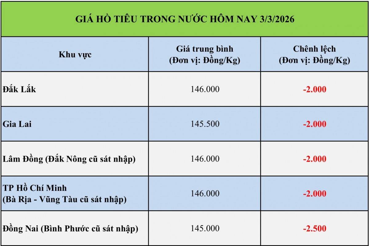 Giá tiêu hôm nay 3/3/2026: Giá tiêu trong nước ổn định, xuất khẩu tăng trưởng