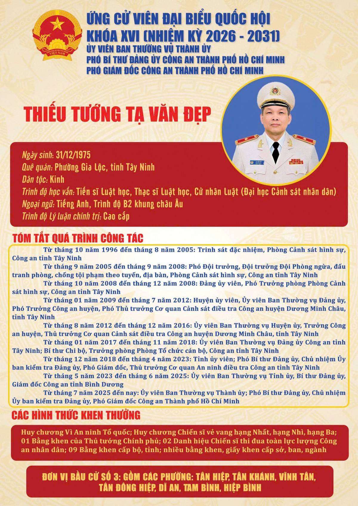 Thiếu tướng Tạ Văn Đẹp ứng cử đại biểu Quốc hội khóa XVI: Lấy bảo đảm an ninh, trật tự làm nền tảng phát triển