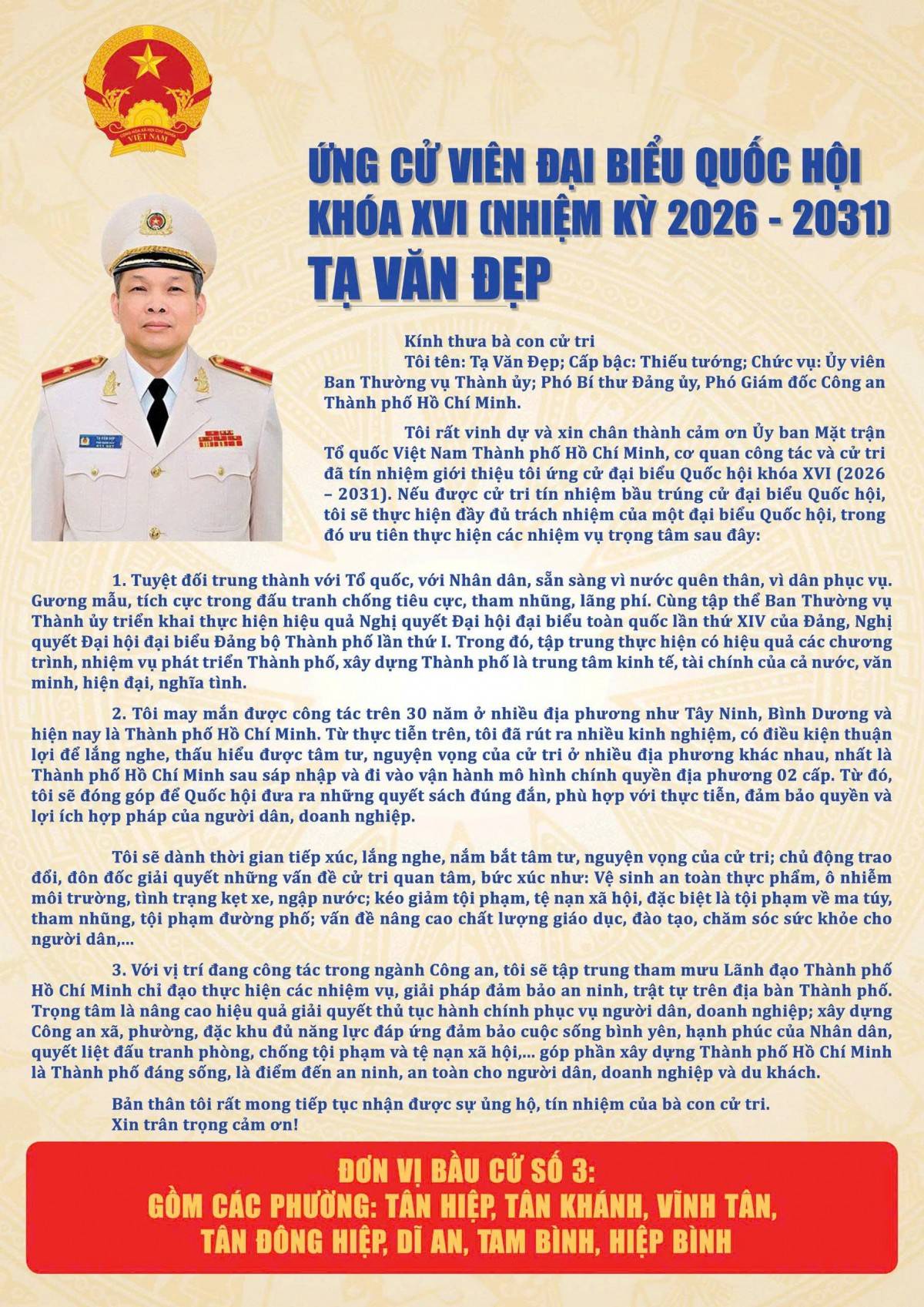 Thiếu tướng Tạ Văn Đẹp ứng cử đại biểu Quốc hội khóa XVI: Lấy bảo đảm an ninh, trật tự làm nền tảng phát triển