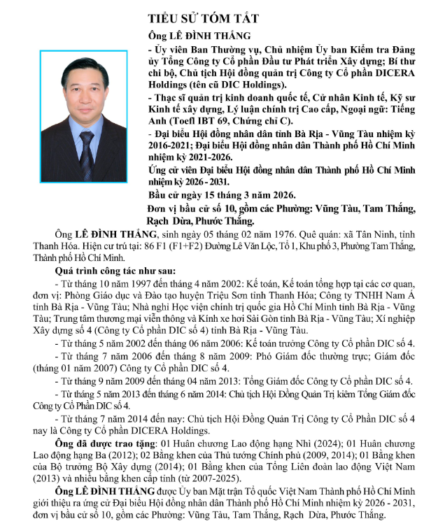 Doanh nhân Lê Đình Thắng - Chủ tịch HĐQT Công ty Cổ phần DICERA Holdings tiếp tục ứng cử HĐND lần thứ 3 khoa XI (2026 – 20301) mong muốn đem tiếng nói của cộng đồng doanh nhân vào nghị trường