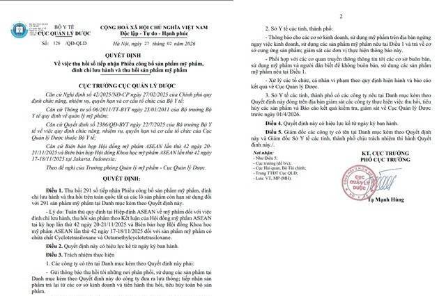Cục Quản lý Dược: Ban hành quyết định thu hồi trên phạm vi toàn quốc 291 sản phẩm mỹ phẩm