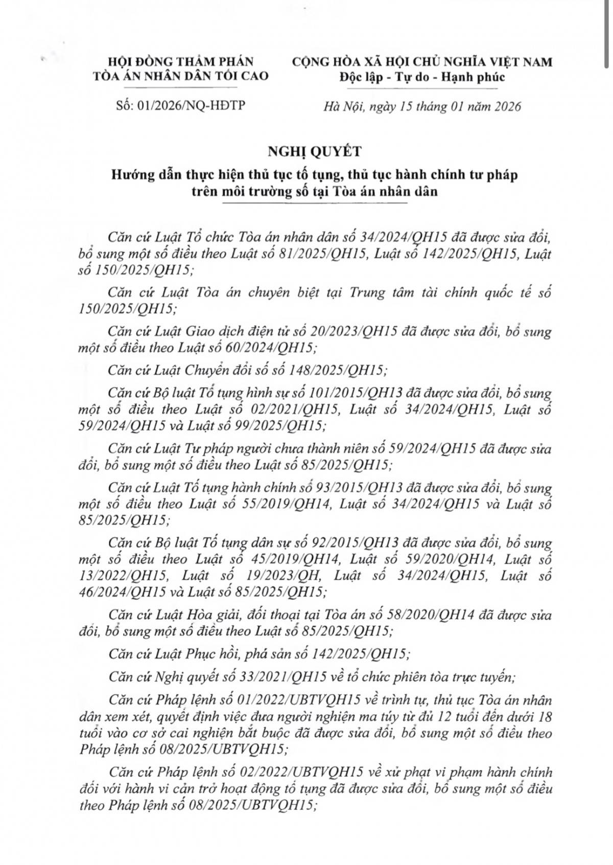 Nghị quyết 01/2026/NQ-HĐTP hướng dẫn thực hiện thủ tục tố tụng và thủ tục hành chính tư pháp trên môi trường số.