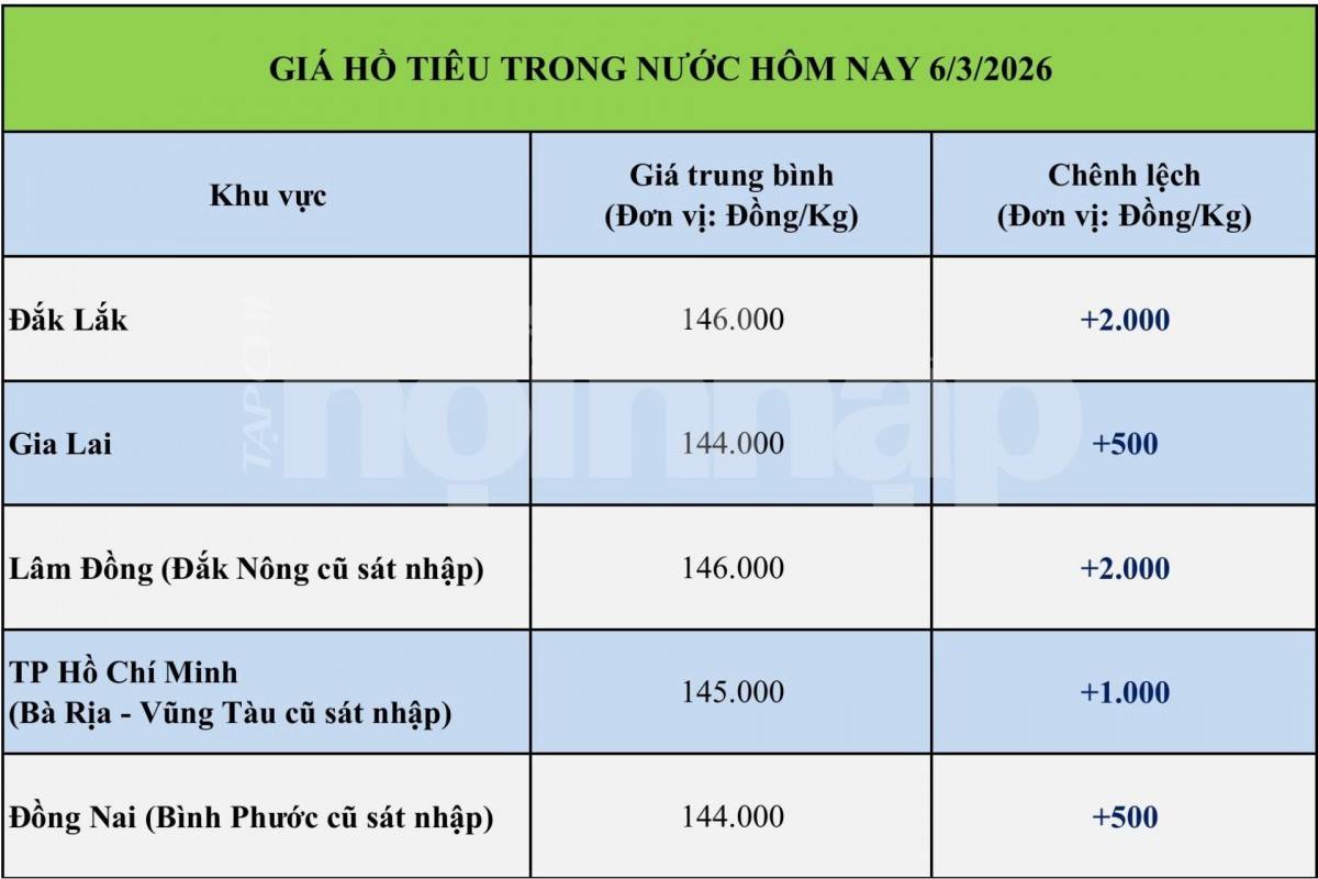 Giá tiêu hôm nay 6/3/2026: Thị trường trong nước đảo chiều tăng nhẹ