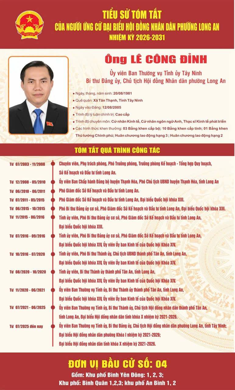 Tiểu sử Ứng viên Đại biểu Quốc hội khóa XVI Lê Công Đỉnh - Ủy viên BTV Tỉnh ủy, Bí thư Đảng ủy, Chủ tịch HĐND Phường Long An, tỉnh Tây Ninh