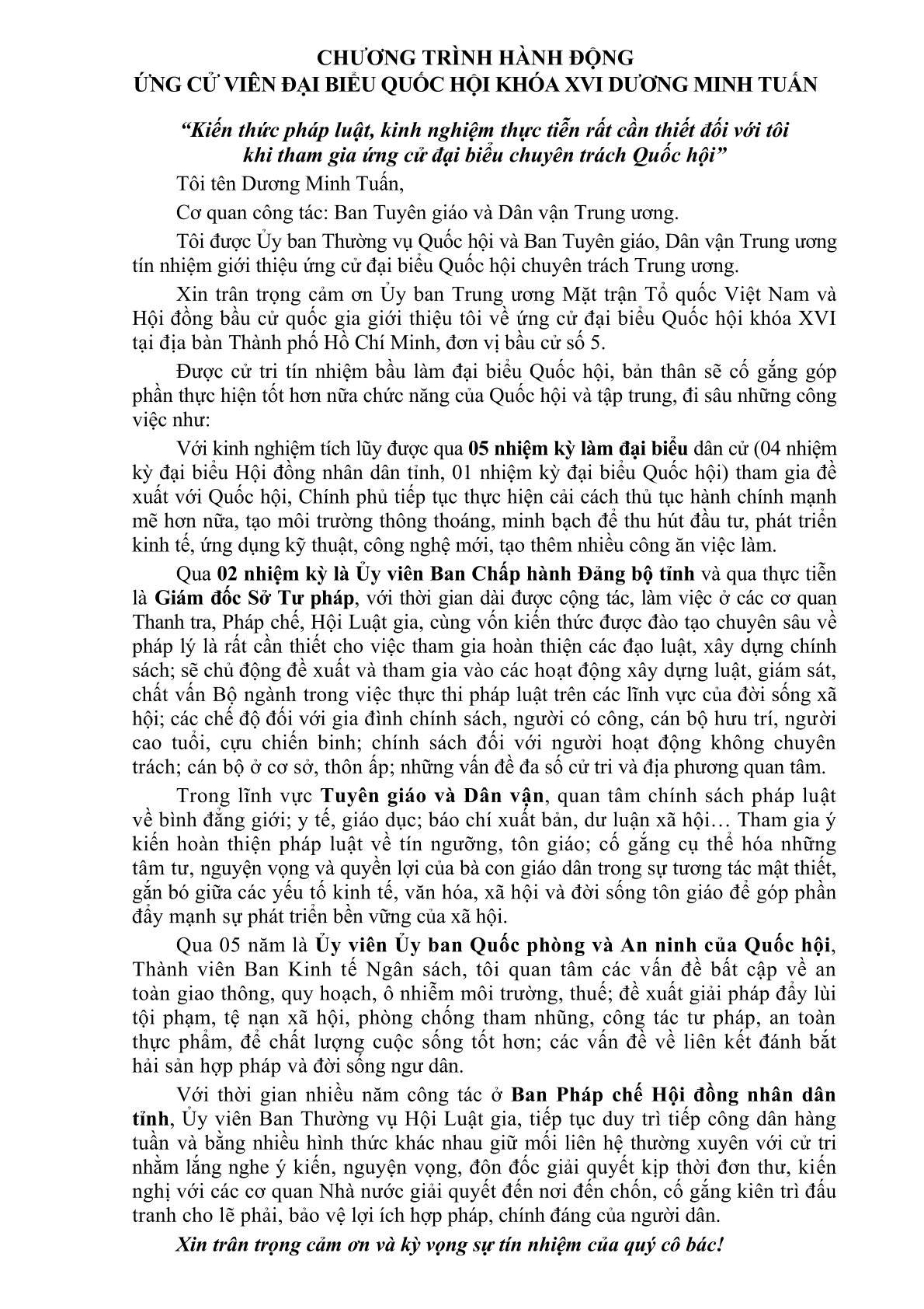 Ứng cử viên ĐBQH khóa XVI Dương Minh Tuấn: Đẩy mạnh giám sát việc thực thi pháp luật, bảo vệ quyền lợi dân sinh