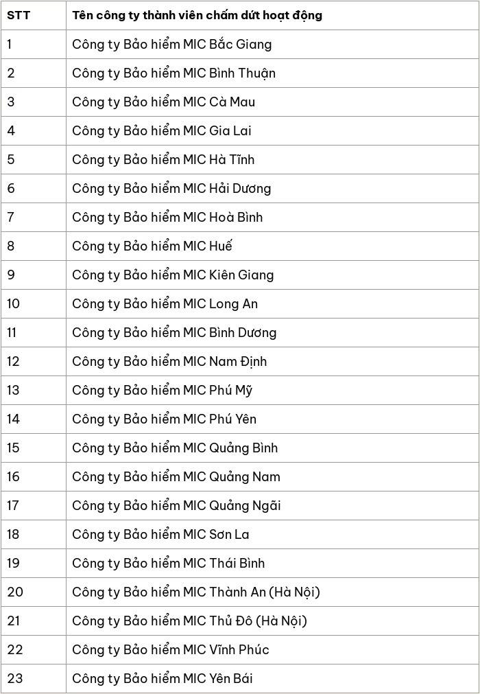 Bảo hiểm Quân đội - MIC chấm dứt hoạt động 23 công ty thành viên
