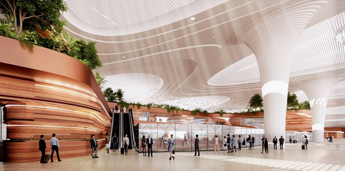 Phối cảnh nhà ga hành khách với thiết kế hiện đại và quy mô tầm cỡ trong tương lai.