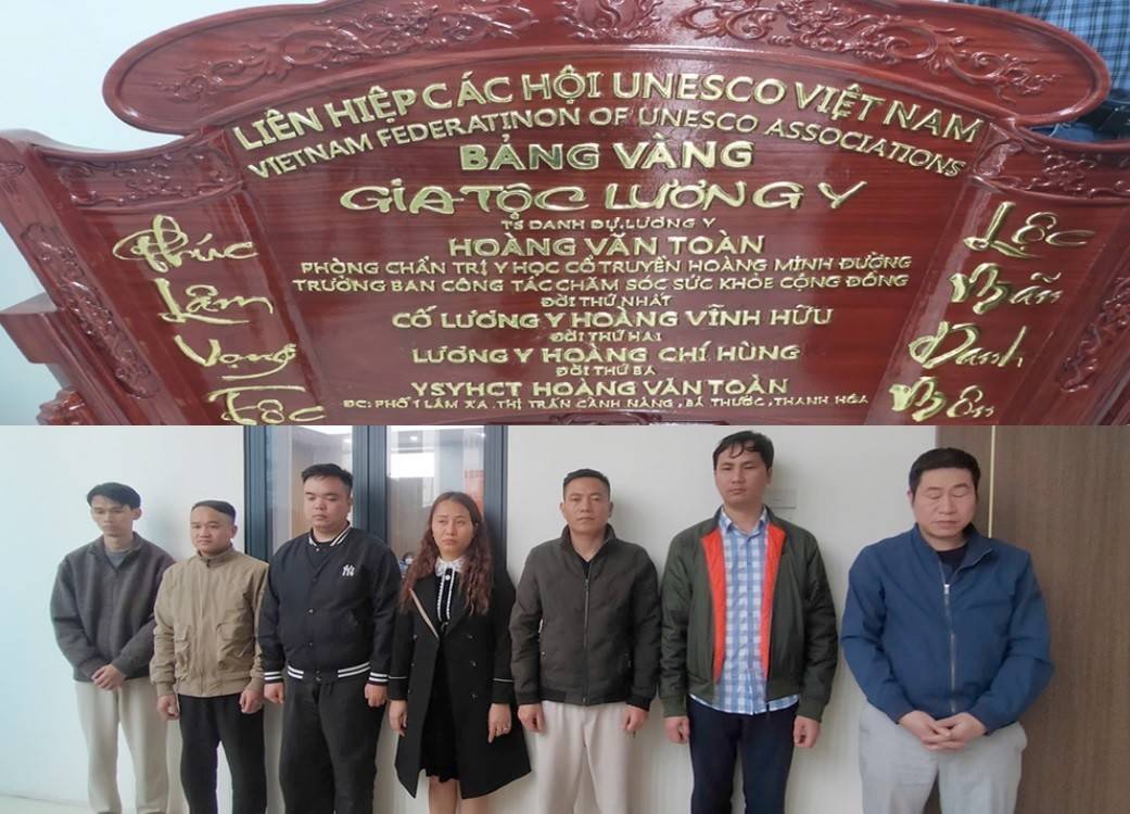 Bảng hiệu của phòng chẩn trị y học cổ truyền Hoàng Minh Đường (ảnh trên) cùng nhiều đối tượng liên quan bị bắt giữ (ảnh dưới).