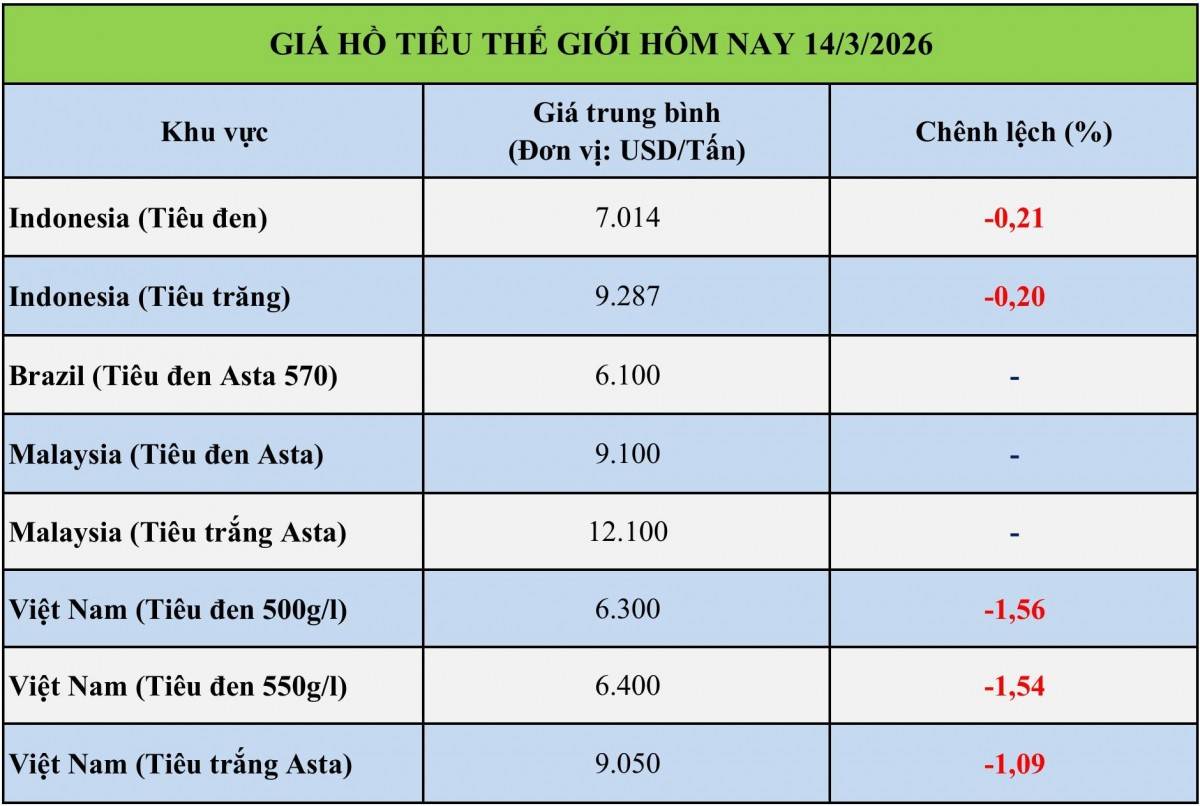 Giá tiêu hôm nay 14/3/2026: