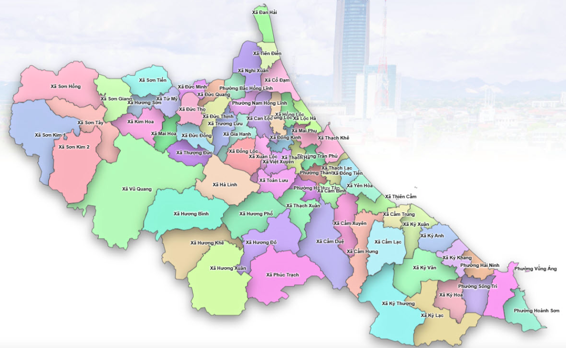 Tỉnh Hà Tĩnh có 69 đơn vị hành chính cấp xã (cụ thể: 9 phường và 60 xã); Diện tích: 5994.85 km²; Dân số: 1.623.061 người