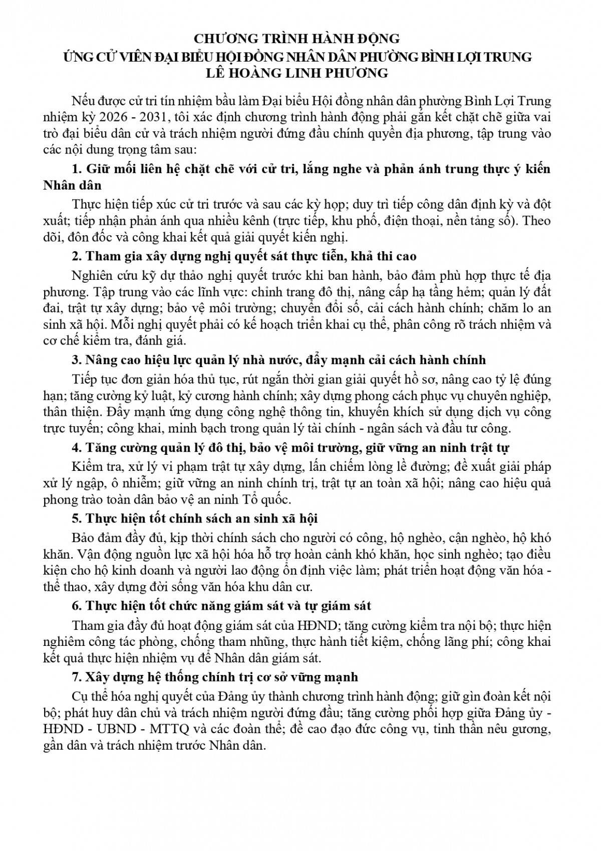 Ứng cử viên Lê Hoàng Linh Phương - Phó Bí thư Đảng ủy, Chủ tịch UBND phường Bình Lợi Trung nhiệm kỳ 2026 – 2031 tại Đơn vị bầu cử số 7