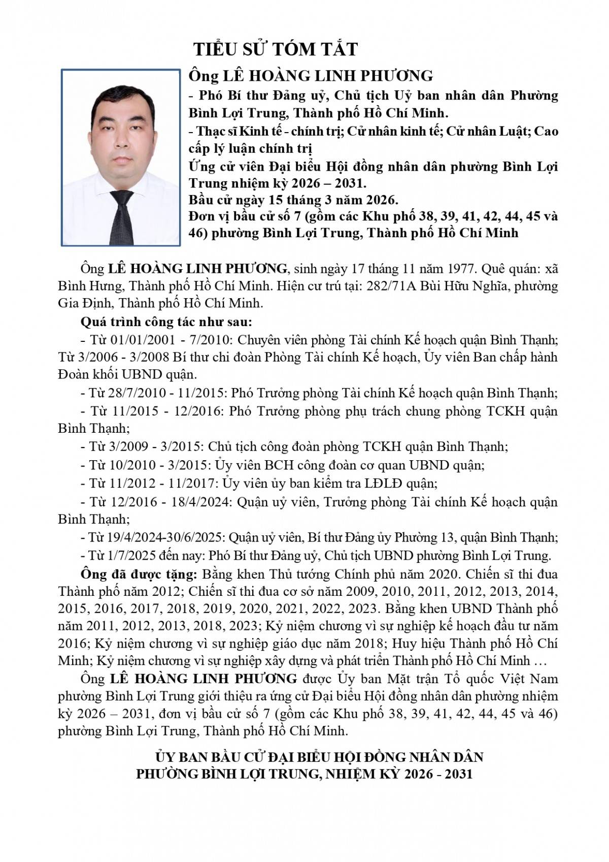 Ứng cử viên Lê Hoàng Linh Phương - Phó Bí thư Đảng ủy, Chủ tịch UBND phường Bình Lợi Trung nhiệm kỳ 2026 – 2031 tại Đơn vị bầu cử số 7