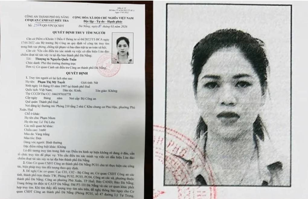 Công an TP Đà Nẵng phát đi thông báo truy tìm Phạm Thị Mỹ Tuyết (Ảnh: Công an Đà Nẵng).