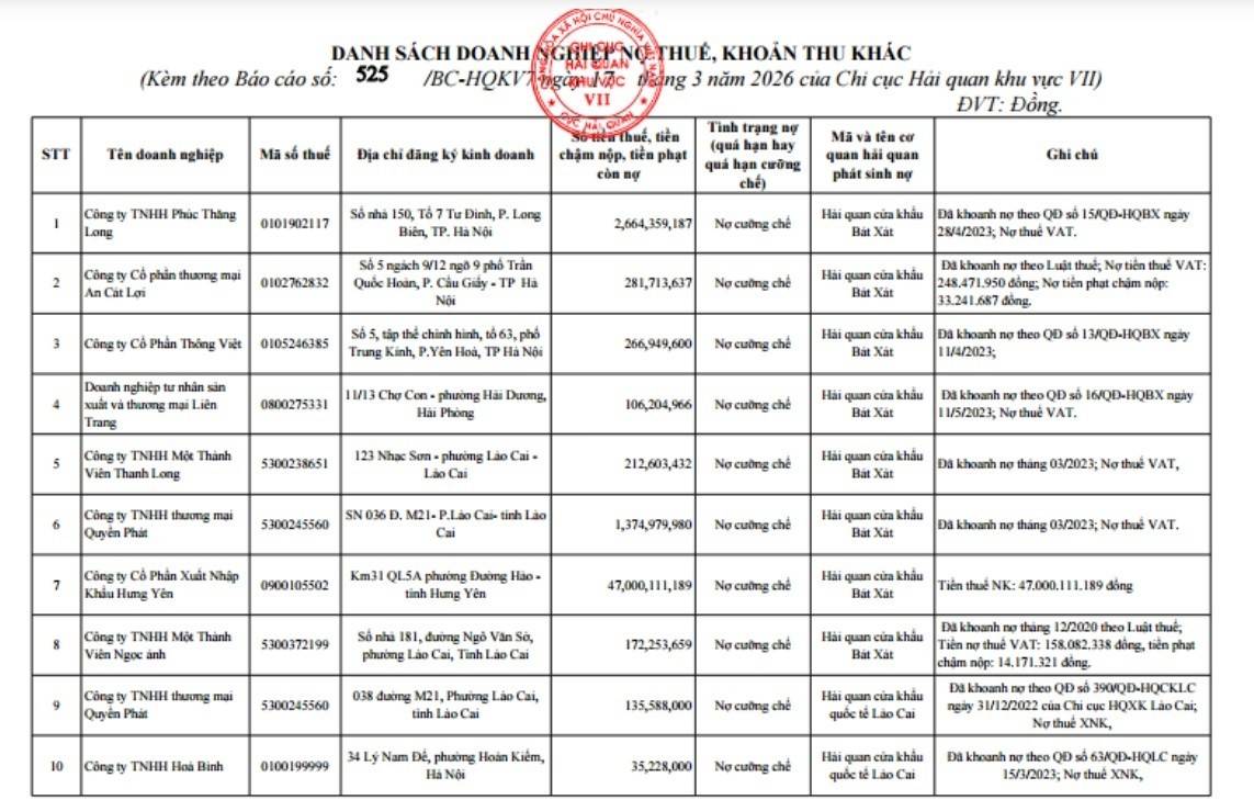 Danh sách 10/38 doanh nghiệp nợ thuế, khoản thu khác do Chi cục Hải quan khu vực VII công bố ngày 17/3.