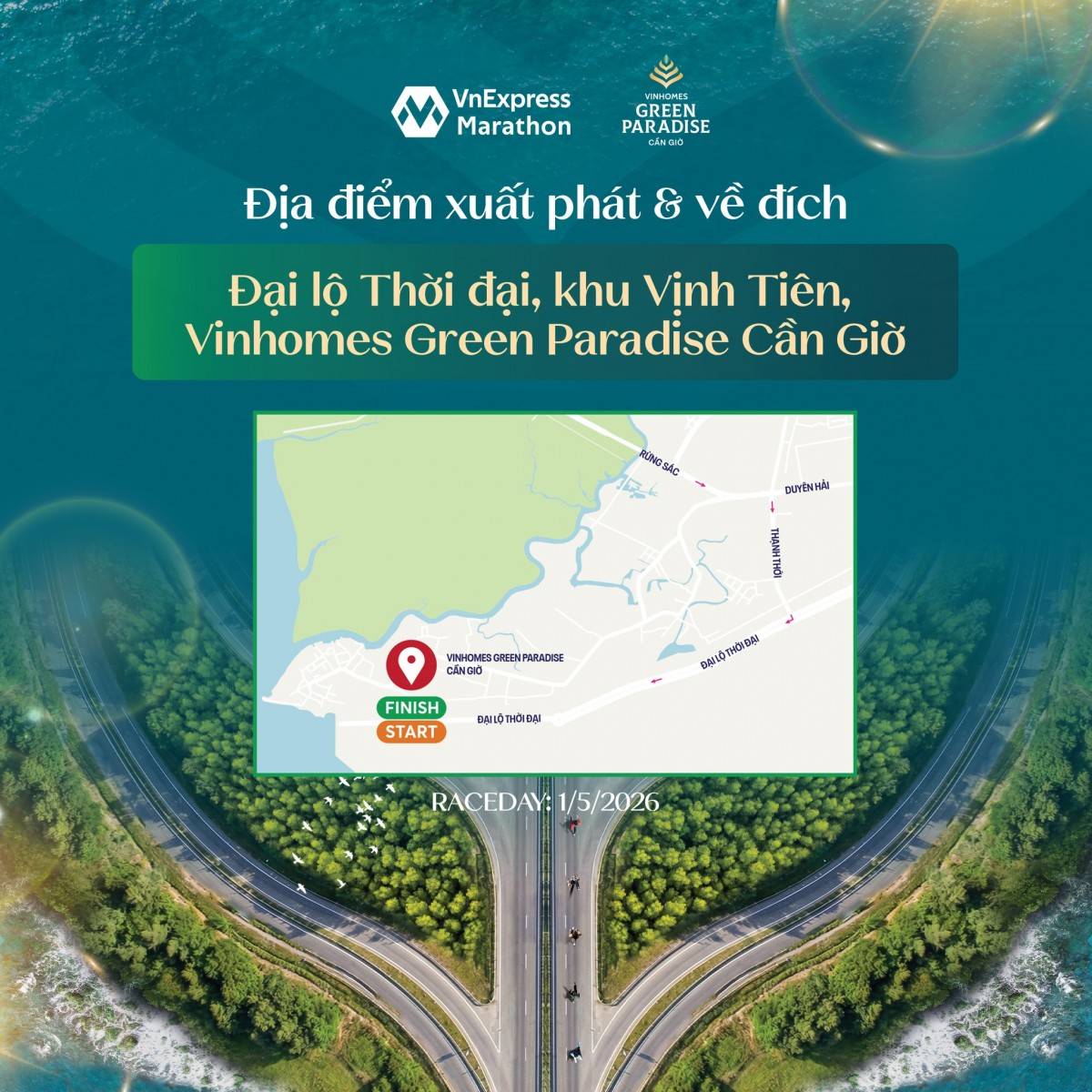 Điểm xuất phát và về đích nằm tại khu Vịnh Tiên, Vinhomes Green Paradise Cần Giờ