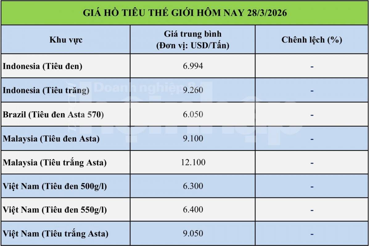Giá tiêu hôm nay 28/3/2026: