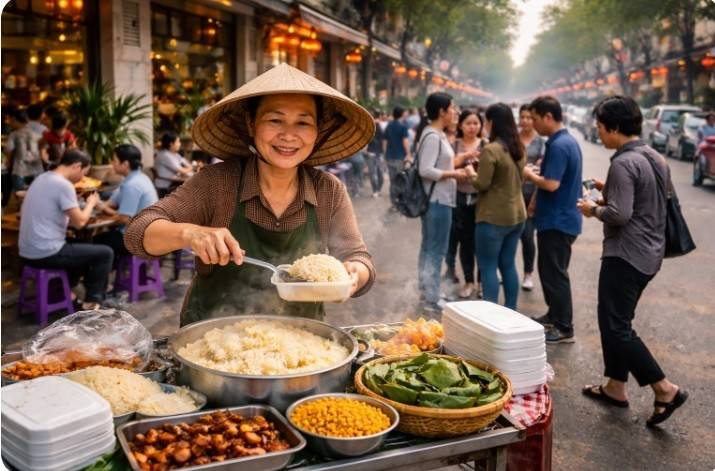 Giữa nhịp sống Hà Nội tất bật, gánh xôi nhỏ của người phụ nữ vẫn đỏ lửa mỗi sớm mai, nuôi sống một góc đời bằng sự cần mẫn, khéo léo và chữ tín với khách quen.