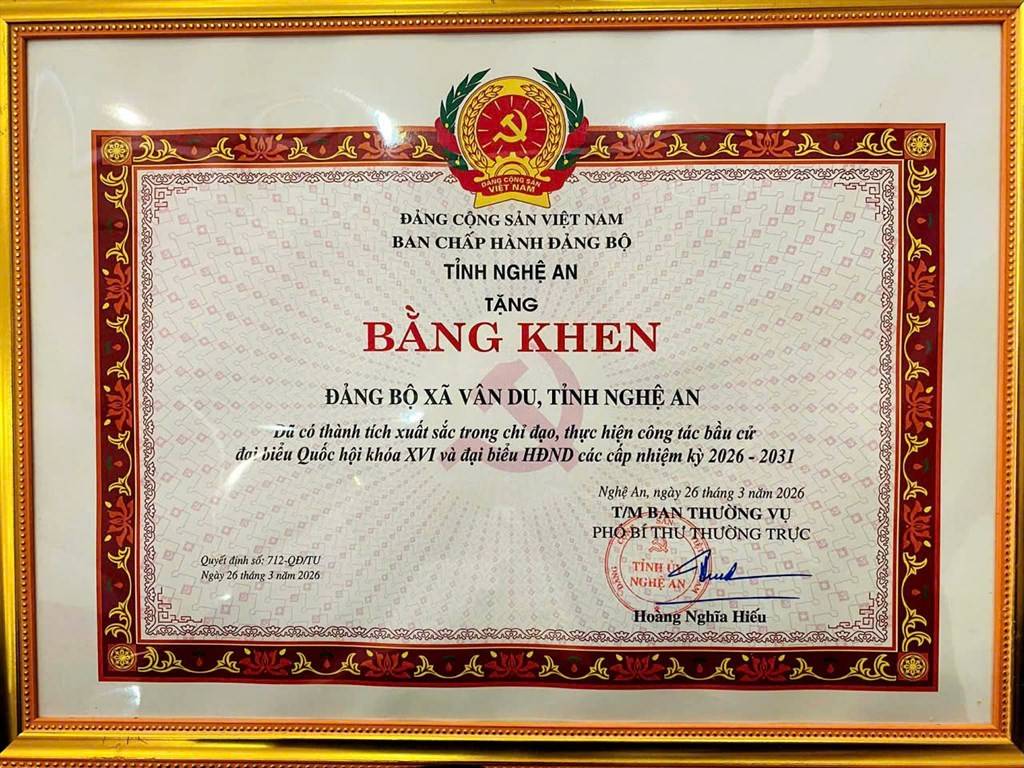 Đảng bộ xã Vân Du vinh dự được tỉnh Nghệ An trao tặng Bằng khen vì đã đạt nhiều thành tích nổi bật trong tổ chức thực hiện bầu cử đại biểu Quốc hội khóa XVI và đại biểu HĐND các cấp nhiệm kỳ 2026–2031