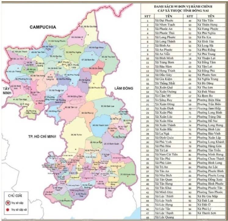 Hình ảnh bản đồ hành chính Đồng Nai sau sáp nhập.