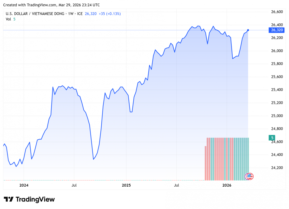 Biểu đồ tỷ giá USDVND 24 giờ qua. Ảnh: TradingView