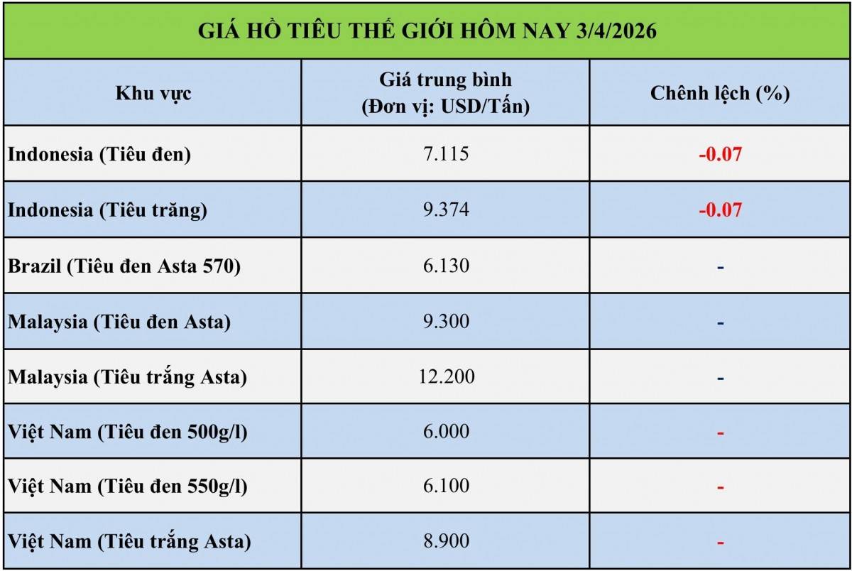 Giá tiêu hôm nay 3/4/2026: