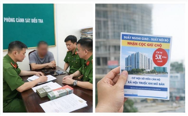 Cơ quan chức năng điều tra vụ việc liên quan chiêu lừa “suất ngoại giao” nhà ở xã hội (ảnh trái) và hình ảnh tờ rao mời chào “suất ngoại giao”, “suất nội bộ” đánh trúng tâm lý muốn mua nhà ở xã hội bằng đường tắt (ảnh phải).