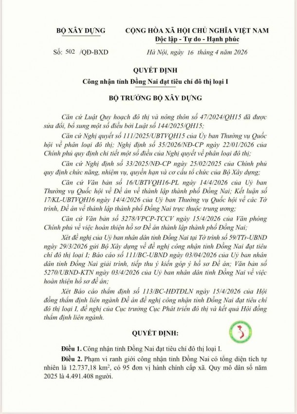 Bộ Xây dựng: Đồng Nai hội đủ điều kiện trở thành thành phố trực thuộc Trung ương