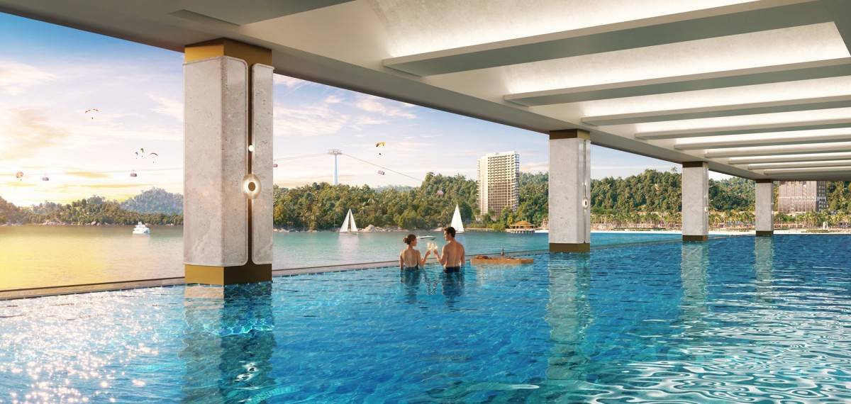 Bể bơi vô cực – một trong nhiều tiện ích nội khu đẳng cấp của tòa tháp Thanh Long. Ảnh: Sun Group.