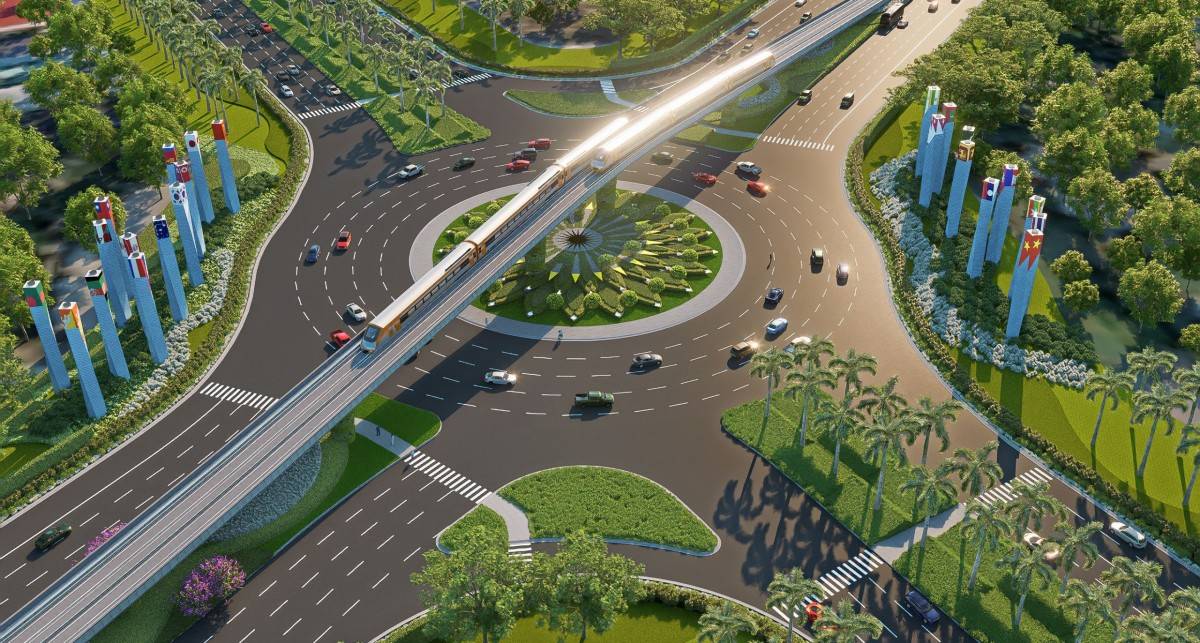 Quy hoạch giao thông tương lai với 10 làn đường và tàu điện LRT kết nối các phân khu.
