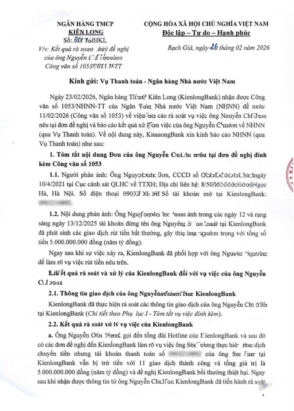 Vụ khách hàng bị mất 5 tỷ đồng: Kienlongbank sẽ chủ động phối hợp điều tra