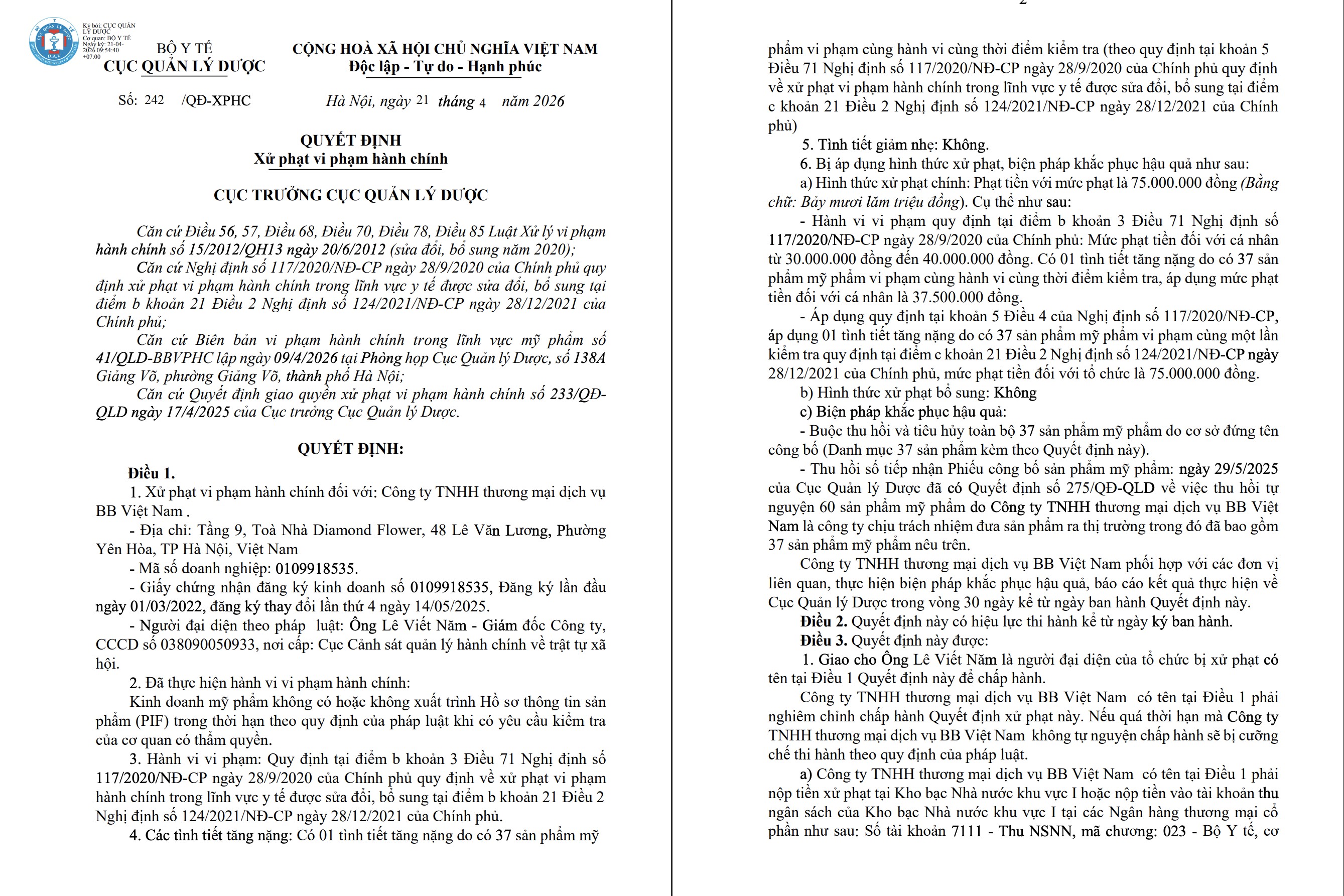 Phạt 75 triệu đồng, buộc tiêu hủy 37 sản phẩm mỹ phẩm vi phạm của Công ty BB Việt Nam