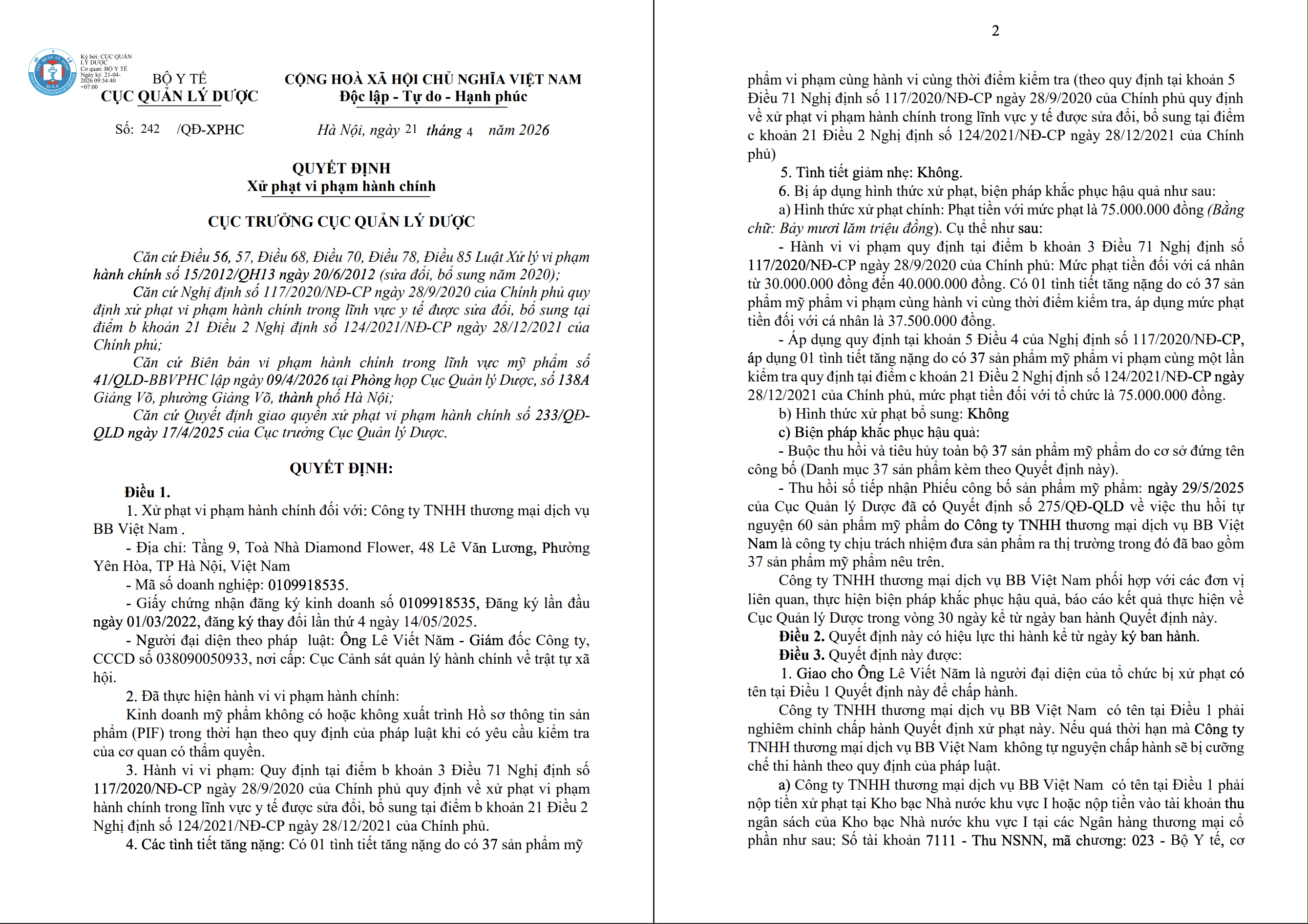 Phạt 75 triệu đồng, buộc tiêu hủy 37 sản phẩm mỹ phẩm vi phạm của Công ty BB Việt Nam