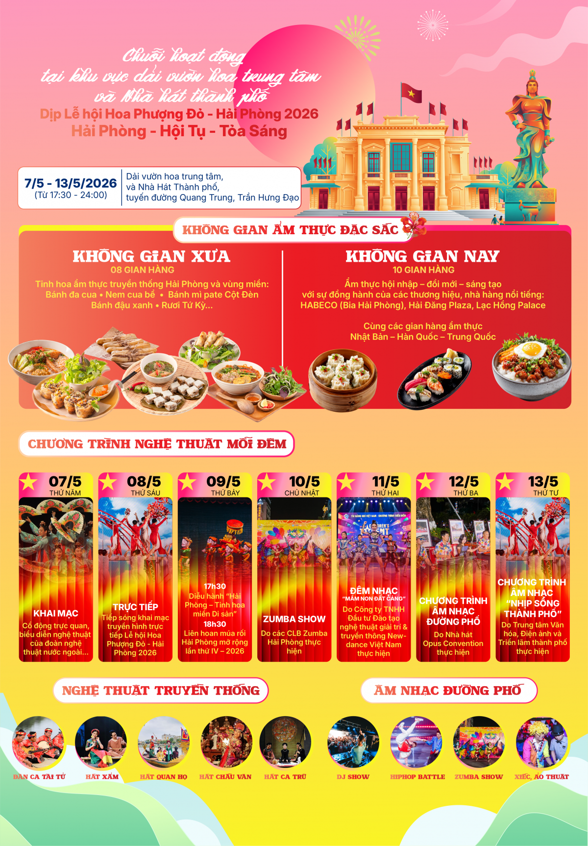 Từ ngày 7 đến 13/5/2026, khu vực dải vườn hoa trung tâm và Quảng trường Nhà hát thành phố Hải Phòng sẽ trở thành không gian lễ hội sôi động với chuỗi hoạt động văn hóa – nghệ thuật đặc sắc, góp phần lan tỏa hình ảnh một đô thị trẻ trung, năng động và giàu