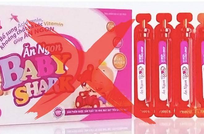 Một sản phẩm thực phẩm chức năng (Baby Shark) bị xác định là giả (Ảnh: VTV).