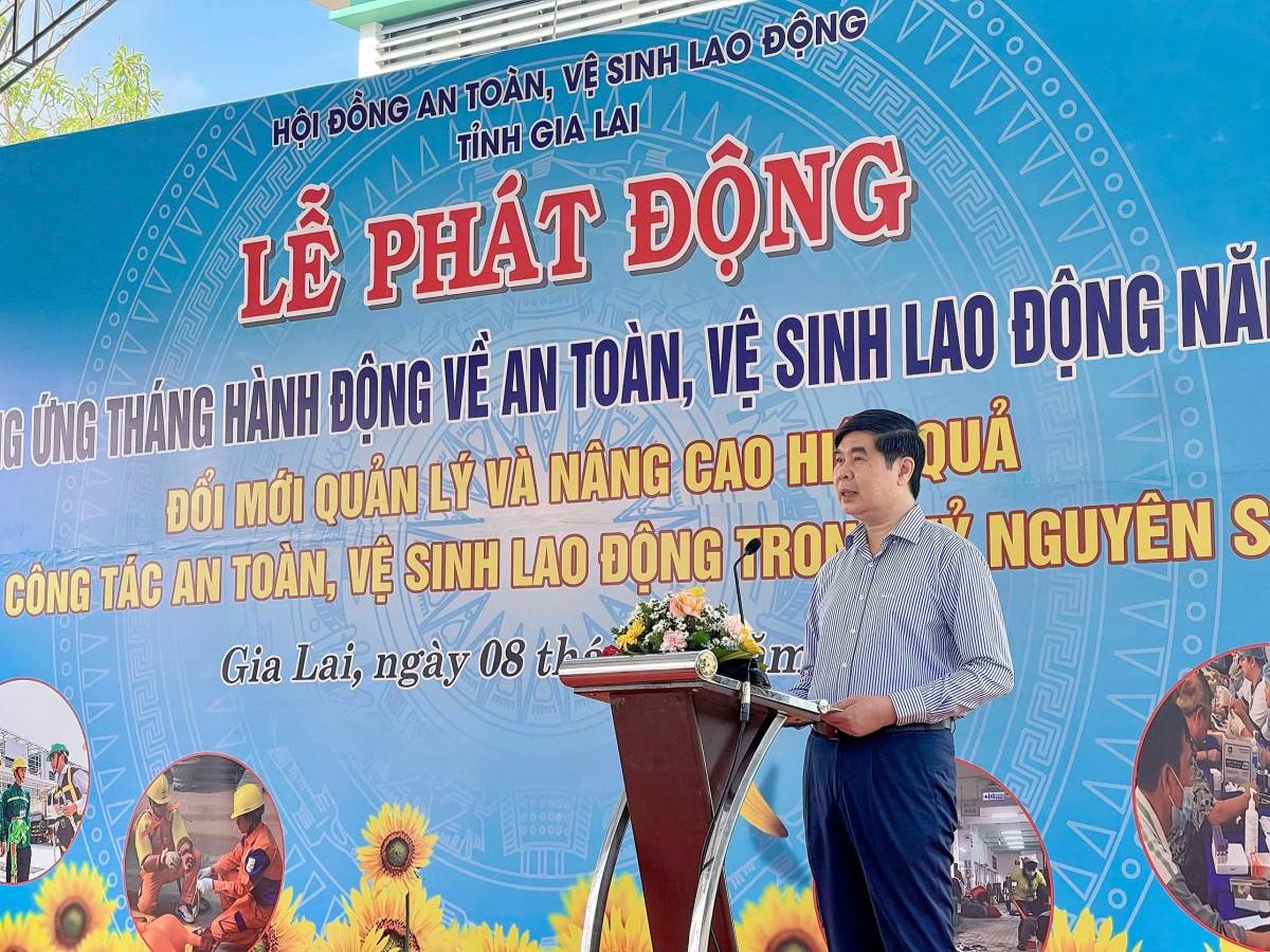 Phó Chủ tịch UBND tỉnh Gia Lai Lâm Hải Giang phát biểu tại Lễ phát động Tháng hành động về an toàn, vệ sinh lao động năm 2026, nhấn mạnh yêu cầu đổi mới quản lý và ứng dụng công nghệ trong bảo đảm an toàn lao động.