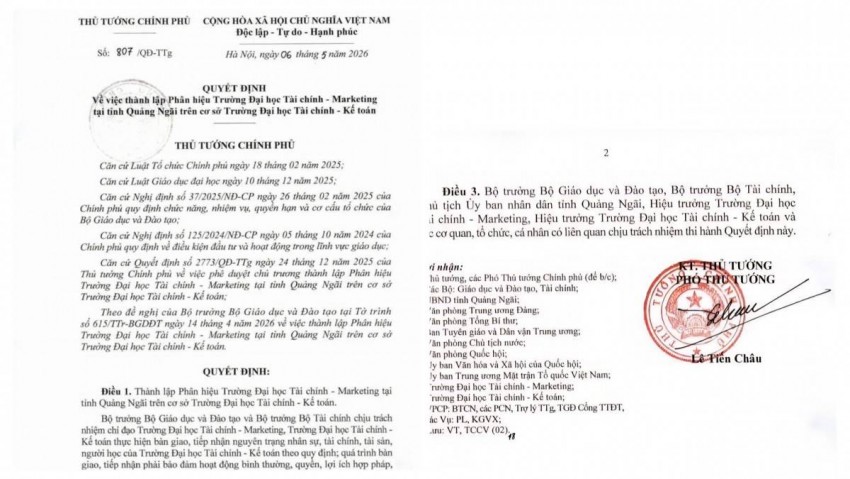 Thủ tướng Chính phủ vừa ban hành Quyết định số 807/QĐ-TTg về việc thành lập Phân hiệu Trường Đại học Tài chính - Marketing tại tỉnh Quảng Ngãi trên cơ sở sáp nhập Trường Đại học Tài chính - Kế toán.