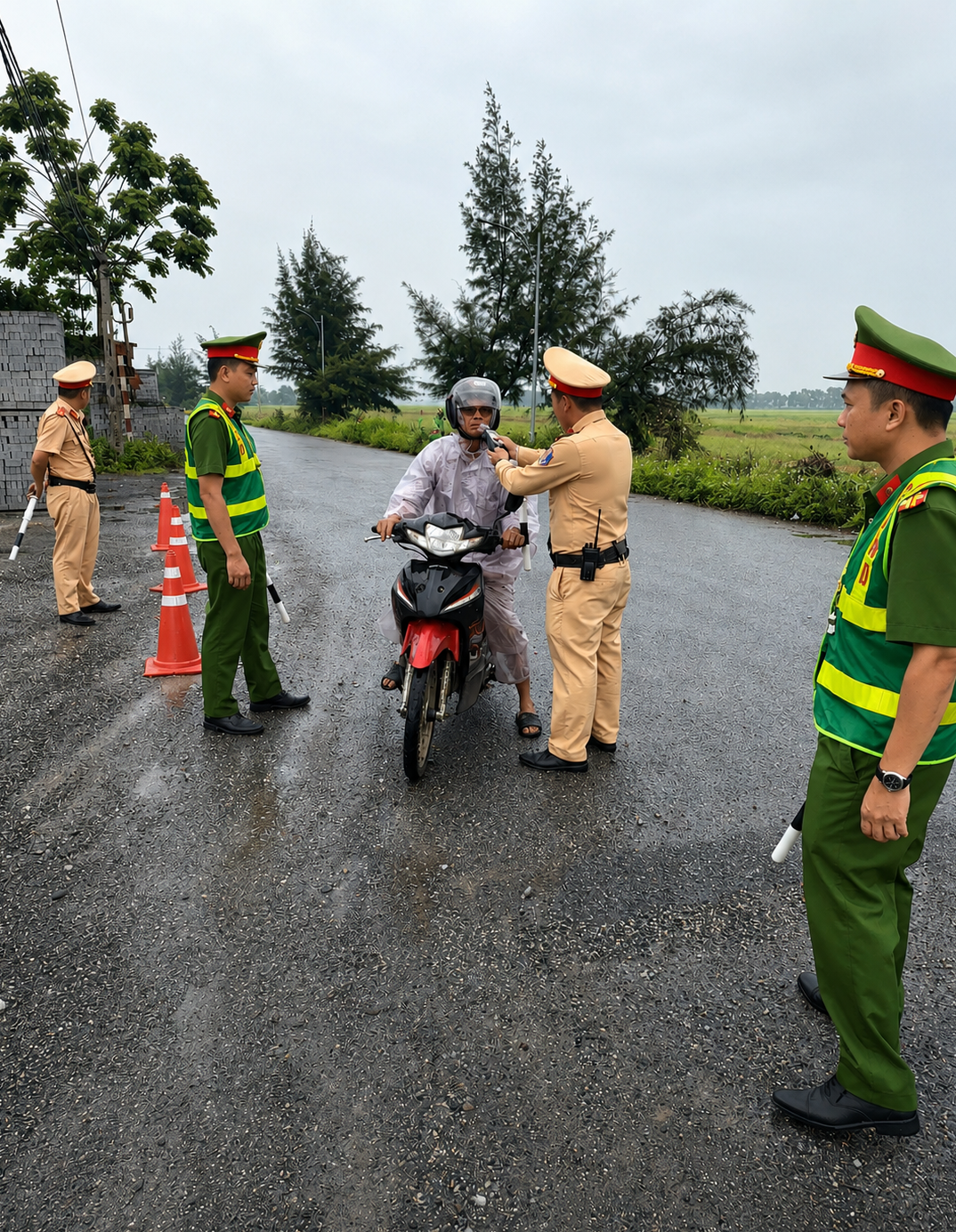 Cán bộ chiến sĩ trạm CSGT Cầu Nghìn kiểm tra xử lý nồng độ cồn trên tuyến giao thông liên xã