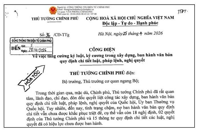 Thủ tướng Chính phủ có Công điện 36/CĐ-TTg (hỏa tốc) về việc tăng cường kỷ luật trong xây dựng, ban hành văn bản quy định chi tiết luật, pháp lệnh, nghị quyết.