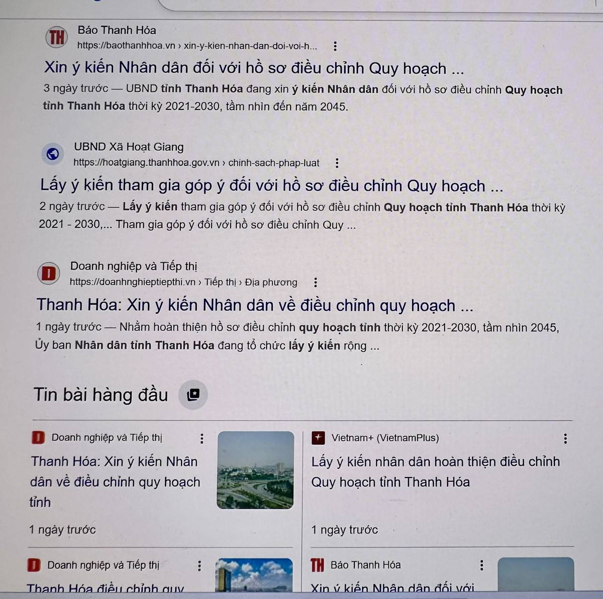 Các trang báo đưa tin, bài về Quy hoạch tỉnh Thanh Hoá với lượng dày đặc.