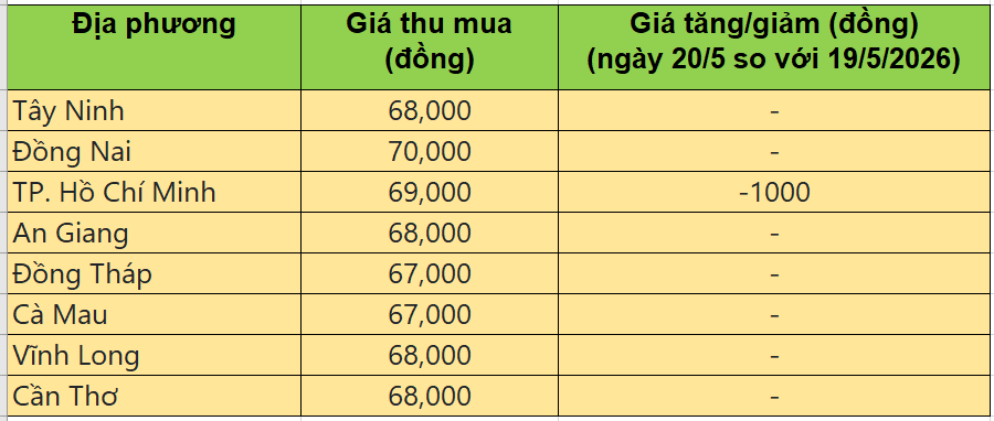 Bảng giá heo hơi tại miền Nam hôm nay 20/5/2026