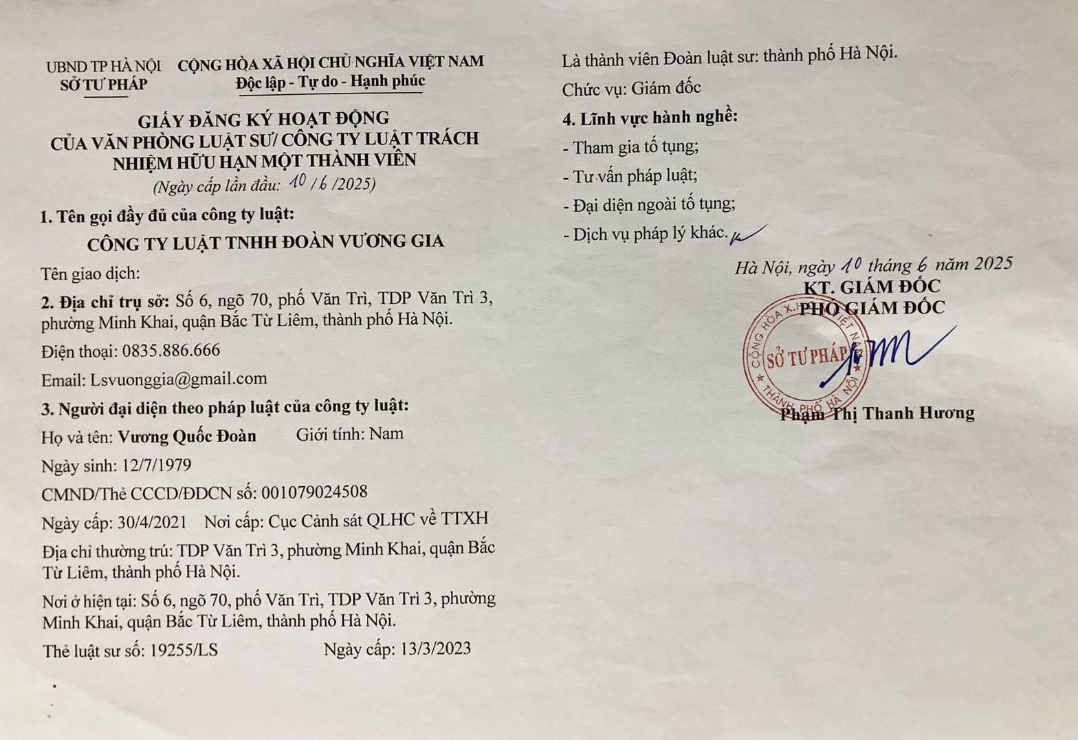 Bố cáo thành lập Công ty Luật TNHH Đoàn Vương Gia