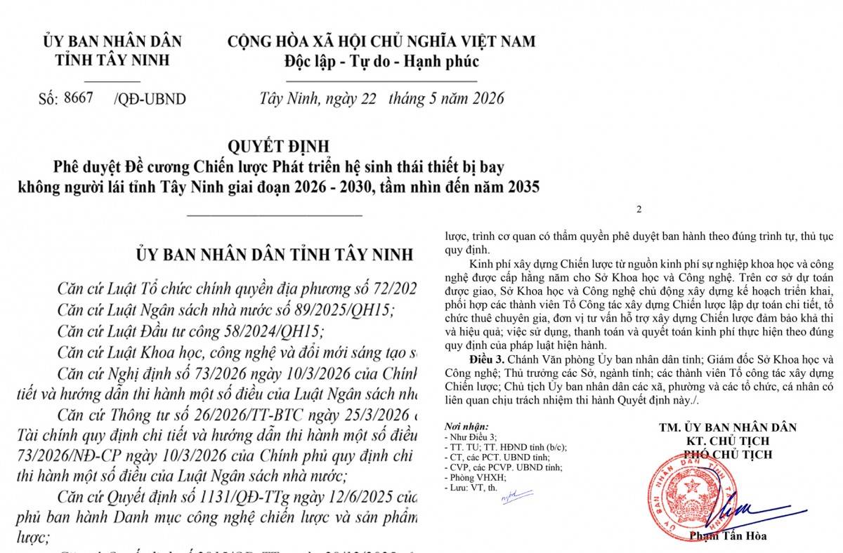 Quyết định phê duyệt Đề cương chiến lược UAV của UBND tỉnh Tây Ninh