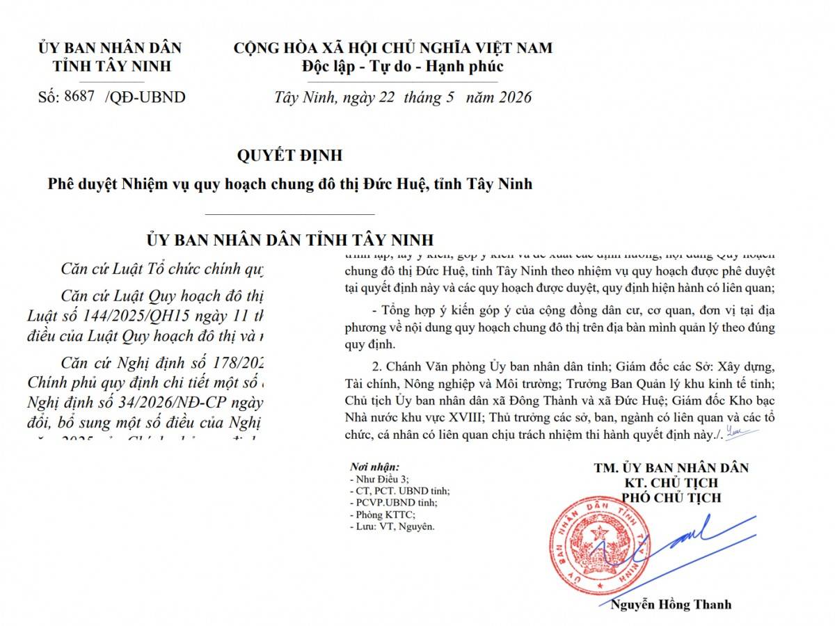 Quyết định 8687//QĐ-UBND ngày 22/5/2026, phê duyệt nhiệm vụ quy hoạch chung đô thị Đức Huệ