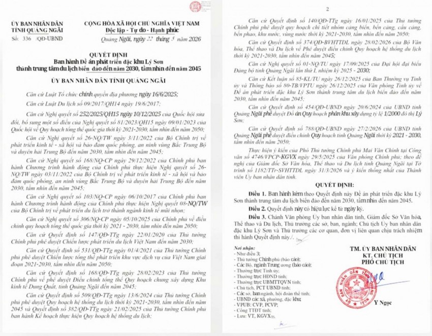 Ủy ban nhân dân tỉnh Quảng Ngãi cho biết vừa quyết định ban hành đề án phát triển đặc khu Lý Sơn thành trung tâm du lịch biển đảo đến năm 2030, tầm nhìn đến năm 2045