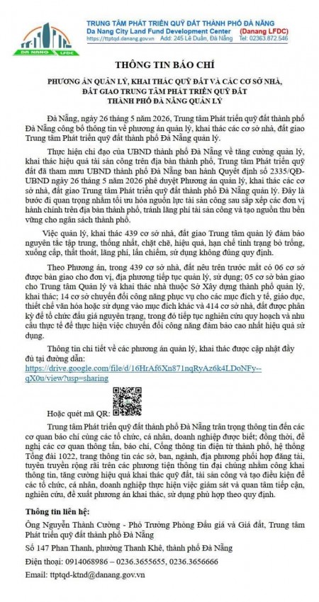 Ngày 27-5, Trung tâm Phát triển quỹ đất TP Đà Nẵng công bố thông tin về phương án quản lý, khai thác đối với 439 cơ sở nhà, đất được UBND thành phố giao quản lý.