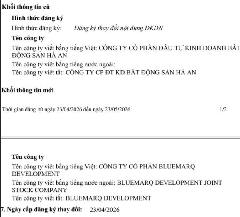Ngày 20/5/2026, Công ty Cổ phần Tập đoàn Đất Xanh (mã chứng khoán: DXG - HoSE) đã có buổi công bố chính thức tên gọi mới là Công ty Cổ phần BLUEMARQ GROUP. 