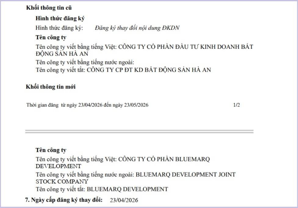 Công ty Hà An đổi tên mới thành Bluemarq Development từ ngày 23/4/2026.