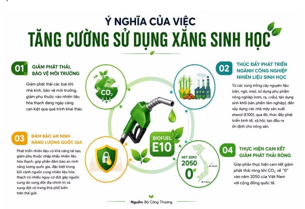 ợi ích rõ rệt của xăng E10 là giảm phát thải, bởi các chất độc hại như khí CO (carbon monoxide) và một số hợp chất hữu cơ chưa cháy hết được cắt giảm đáng kể. 