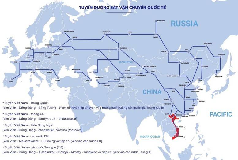 Các tuyến vận chuyển hàng hóa liên vận quốc tế bằng đường sắt từ Việt Nam đi các nước và ngược lại (Ảnh: Ratraco).