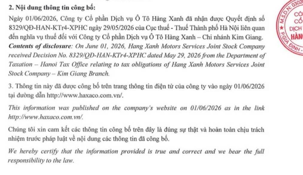 Haxaco thông tin về quyết định số 8329/QĐ-HAN-KTr4-XPHC ngày 29/5/2026 của Thuế TP. Hà Nội.